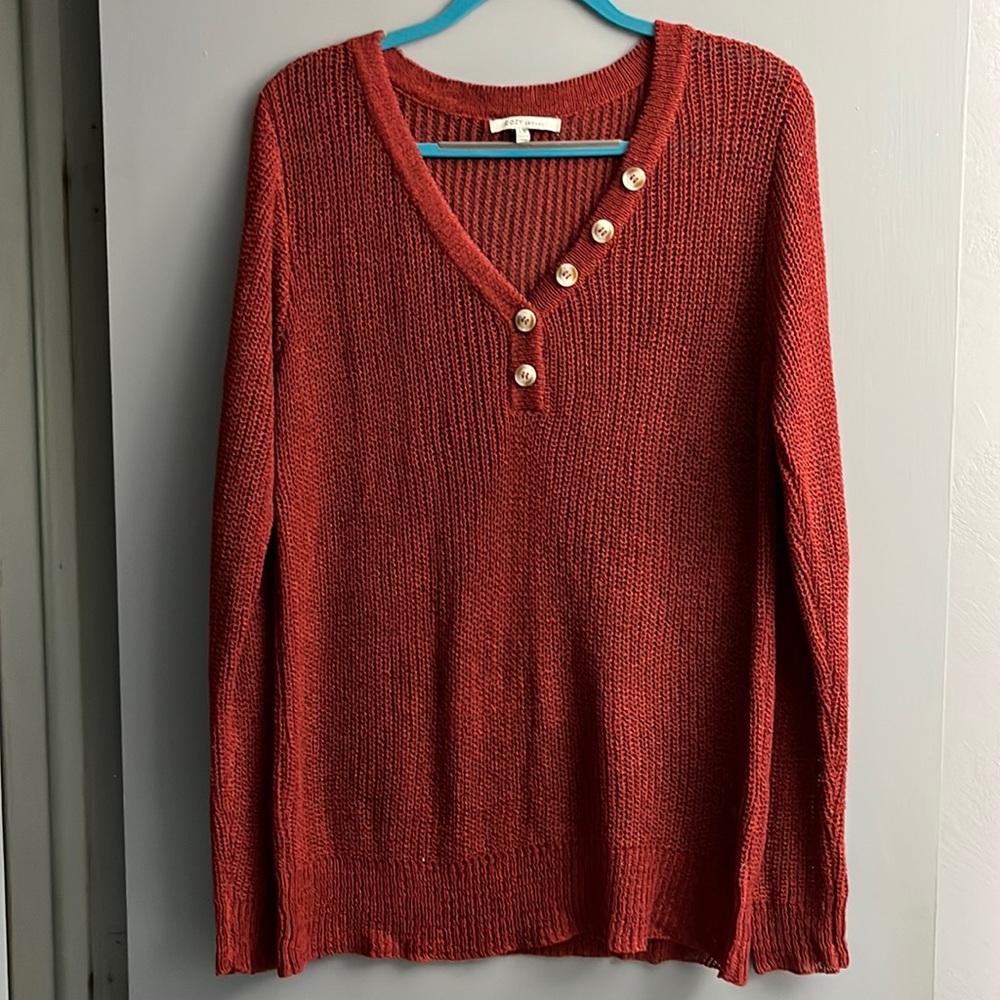 Open Weave V-Neck Sweater-Lightweight, Long Sleeve, Silky, Rust Color, Size S/M